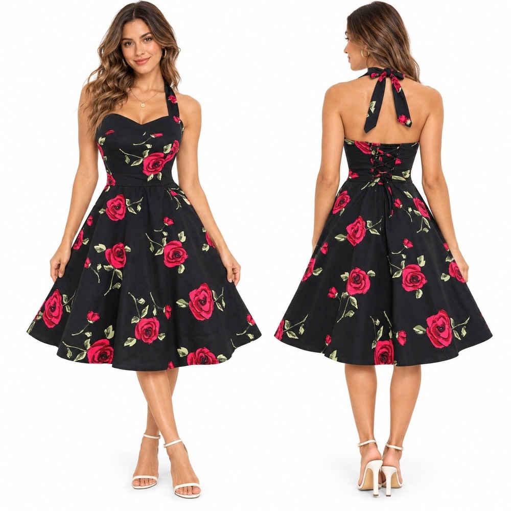 Topdress Rose Floral Halter Swing Dress Black Retro Rockabilly 50s Size L